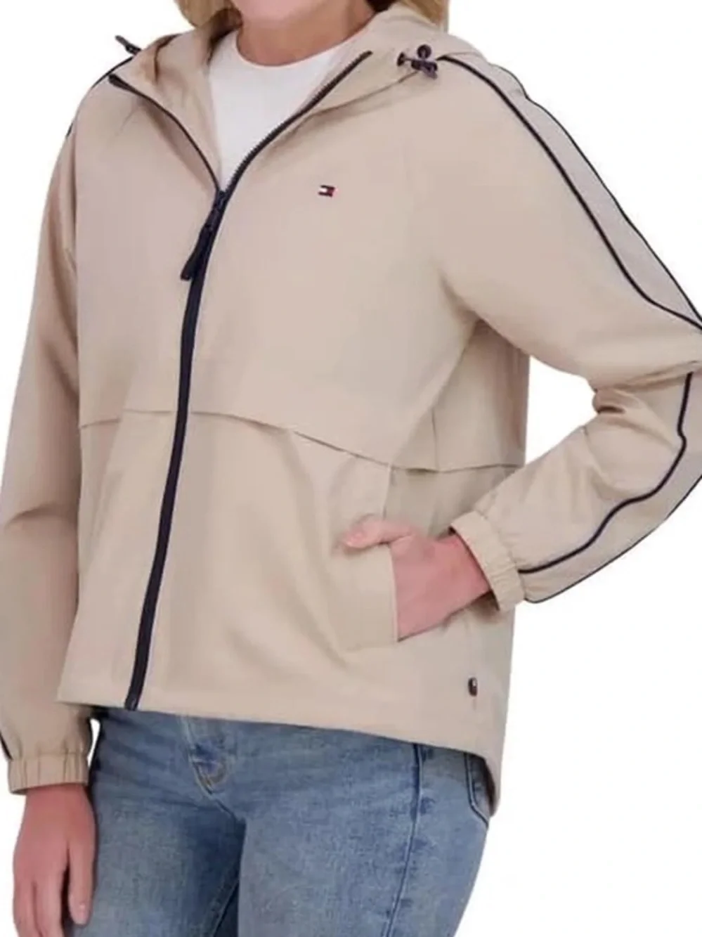 Tommy Hilfiger Beige Hooded Jacket with Navy Trim